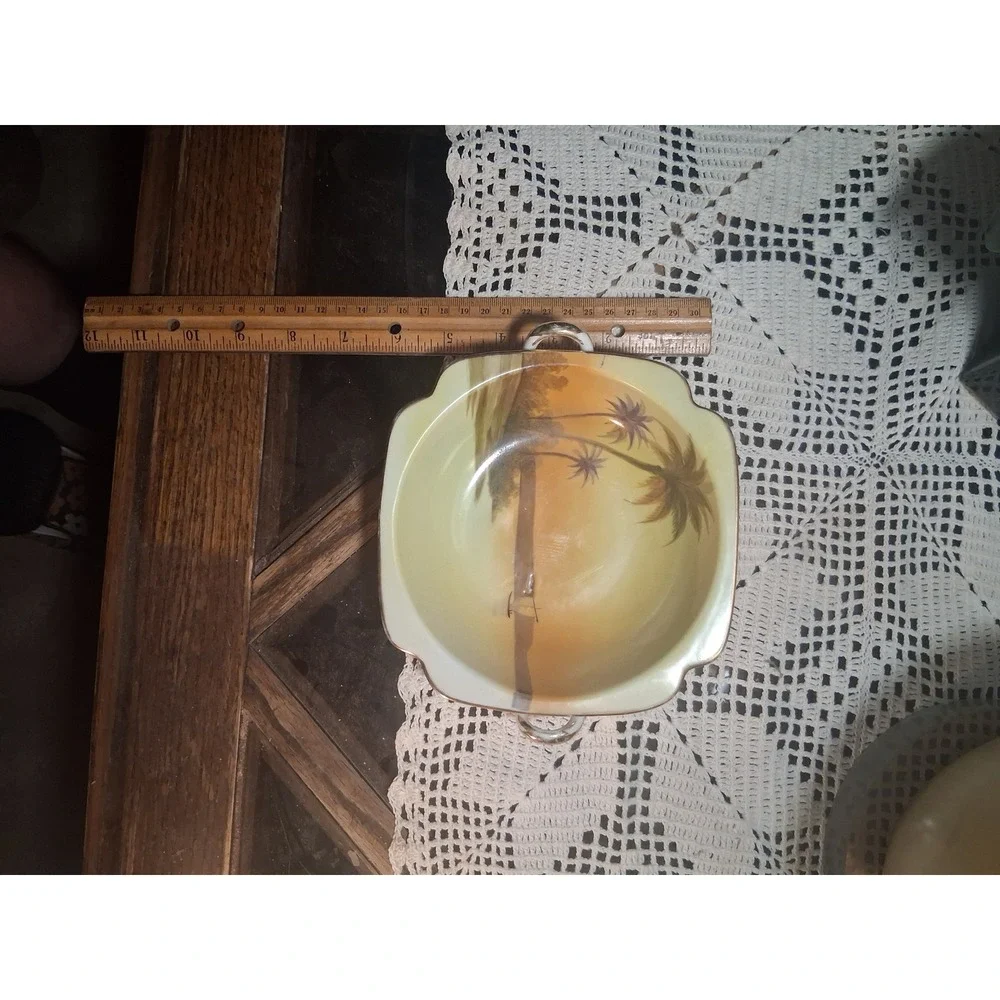 Noritake Vintage Hand Painted Porcelain Bowl Tropical Sunset Palm Tree Gold Trim